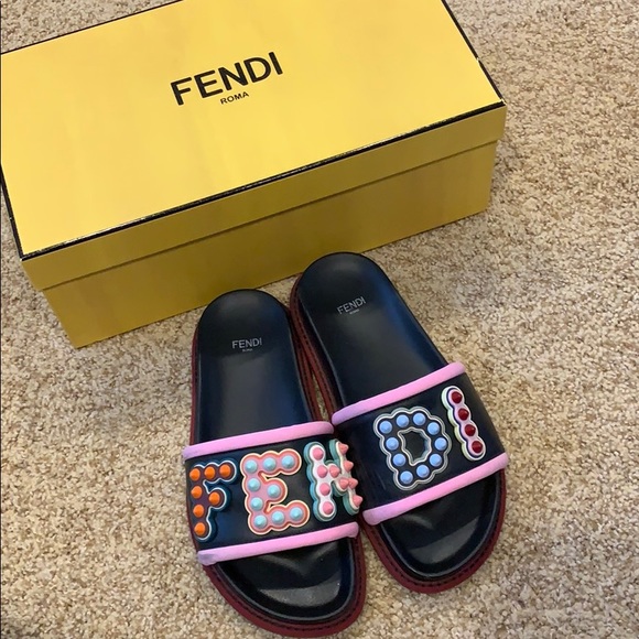 Fendi Shoes - Fendi studded logo slide sandal